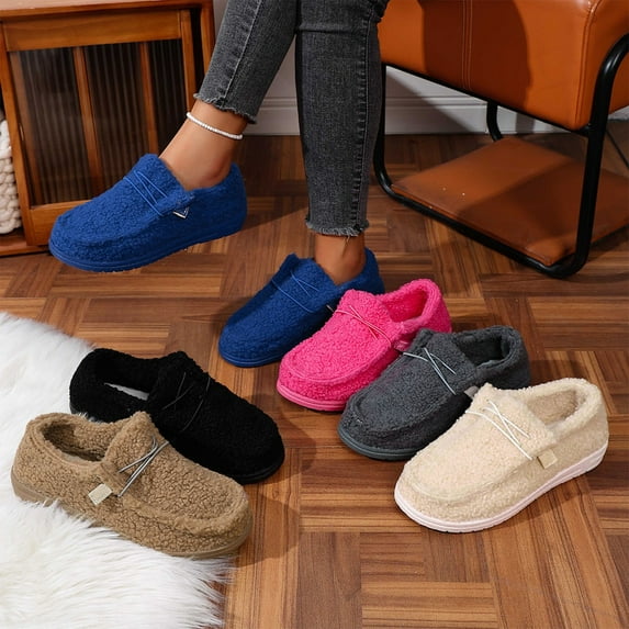 Womens Loafer Slippers Flat Heel Closed Toe Slip-on House Slides Slippers Women's Casual Winter Thickened Velvet Warm Shoes Casual Flat Shoes Beige 5.5