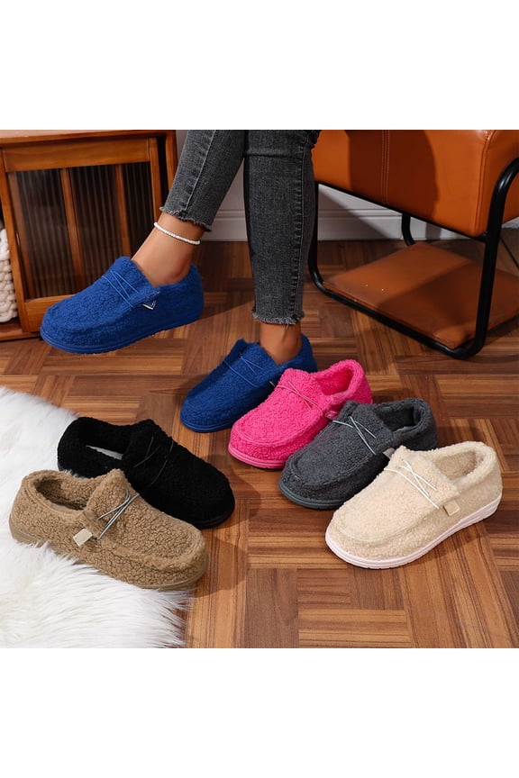 Womens Loafer Slippers Flat Heel Closed Toe Slip-on House Slides Slippers Women's Casual Winter Thickened Velvet Warm Shoes Casual Flat Shoes Black 5.5
