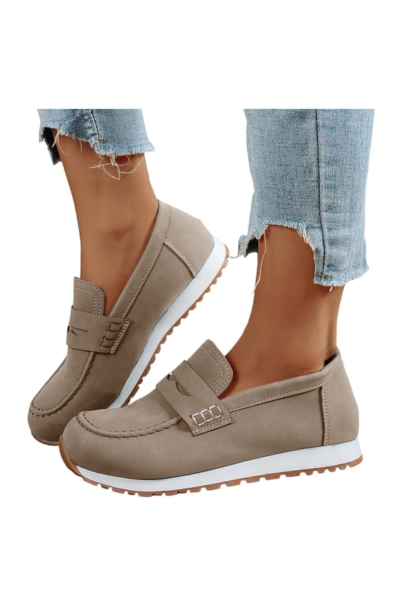 Womens Loafers Antislip Thick Sole Platform Sneakers Round Toe Suede Comfy Arch Support Slip on Walking Shoes Khaki Size 9