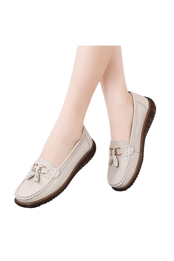 Womens Loafers Comfy Driving Moccasins Casual Round Toe Fringe Slip on Walking Shoes Trendy Flat Shoes Business Work Dress Shoes Beige Size 6.5