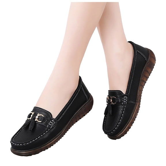 Womens Loafers Comfy Driving Moccasins Casual Round Toe Fringe Slip on Walking Shoes Trendy Flat Shoes Business Work Dress Shoes Black Size 8