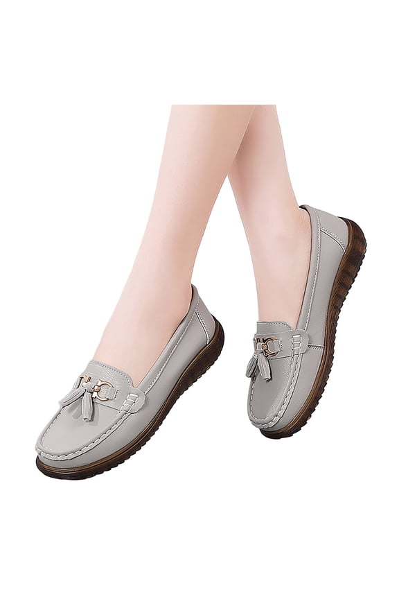 Womens Loafers Comfy Driving Moccasins Casual Round Toe Fringe Slip on Walking Shoes Trendy Flat Shoes Business Work Dress Shoes Gray Size 6.5