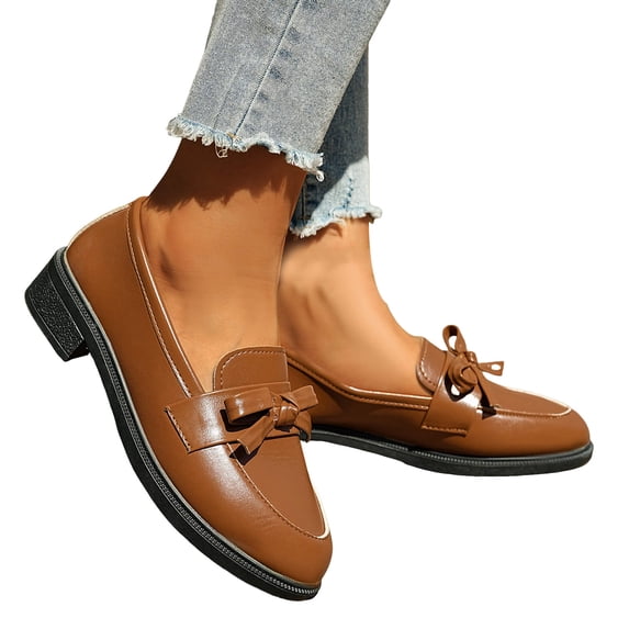 Womens Loafers Comfy Slip on Business Casual Shoes Soft Leather Bowtie Round Toe Low Heel Dressy Penny Loafers Brown Size 6