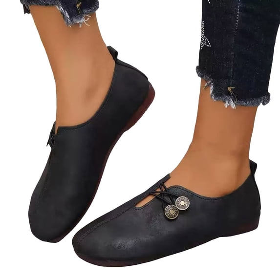 Womens Loafers Flat Shoes Comfortable Round Toe Slip on Breathable Button Detail Soft Walking Shoes for Everyday Elegance Black Size 7