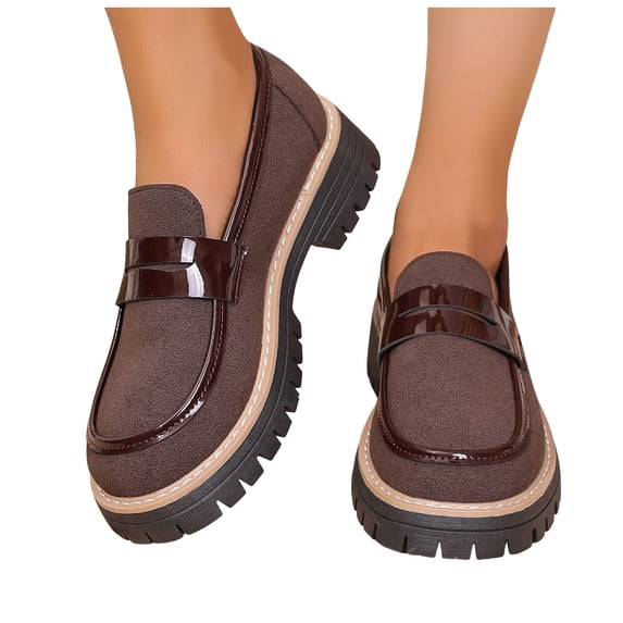Womens Loafers Lug Sole Slip on Chunky Penny Loafers Splice Suede Comfortable Business Casual Dress Shoes Brown Size 6.5