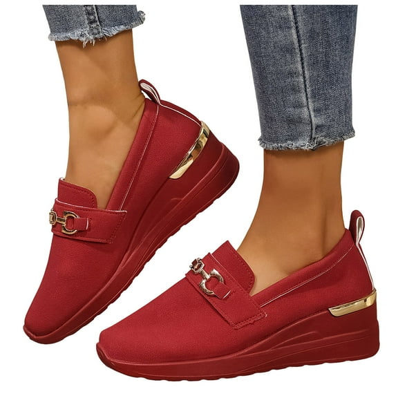 Womens Loafers Platform Wedge Heel Suede Round Toe Fashion Metal Chain Slip on Penny Loafers Lightweight Walking Shoes Red Size 9.5
