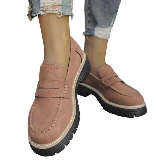 Womens Loafers Suede Round Toe Platform Lug Sole Chunky Low Heel Classic Slip on Penny Loafers Comfy Walking Shoes Brown Size 5