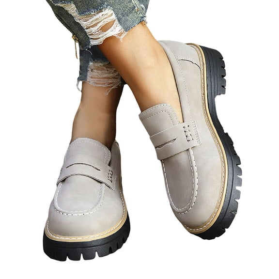Womens Loafers Suede Round Toe Platform Lug Sole Chunky Low Heel Classic Slip on Penny Loafers Comfy Walking Shoes Grey Size 9
