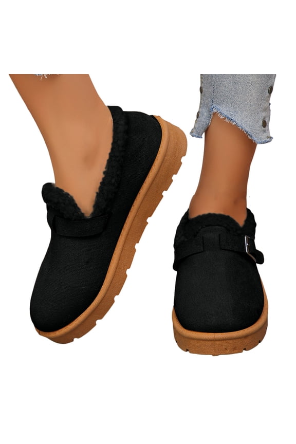 Womens Loafers Winter Fuzzy Warm Thick Sole Slip on Flat Shoes Classic Buckle Strap Round Toe Casual Mules Black Size 9