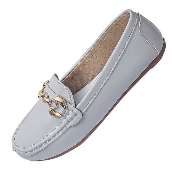 Womens Loafers for Women, Slip On Casual Flat Shoes in Gray Faux Faux Leather with Gold Chain, Comfortable Driving Shoes,Size 6.5