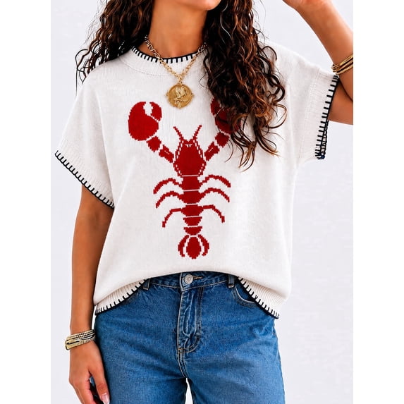 Womens Lobster Sweater Shirt Crochet Tshirts Short Sleeve Crew Neck Causal Knit Summer Tops Red M