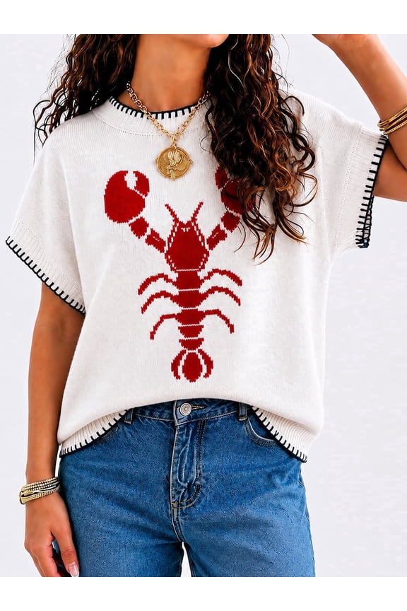 Womens Lobster Sweater Shirt Crochet Tshirts Short Sleeve Crew Neck Causal Knit Summer Tops Red S