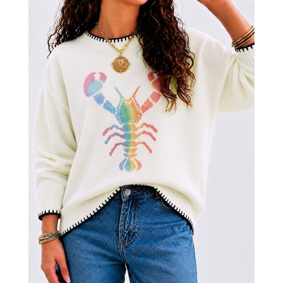 Womens Lobster Sweater Shirt Crochet Long Sleeve Pullover Crew Neck Causal Knit Fall Summer Tops Rainbow L