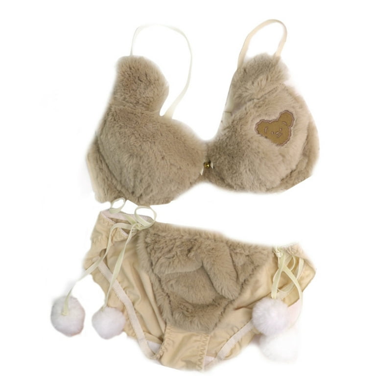 Womens Lolita 2pcs Bra Panty Set Cute Bear Fluffy Plush Bow Underwear  Lingerie