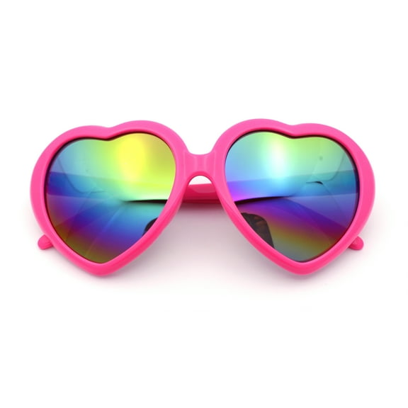 Womens Lolita Rainbow Mirror Lens Thick Plastic Heart Shape Sunglasses Fuchsia