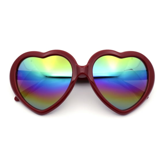 Womens Lolita Rainbow Mirror Lens Thick Plastic Heart Shape Sunglasses Red