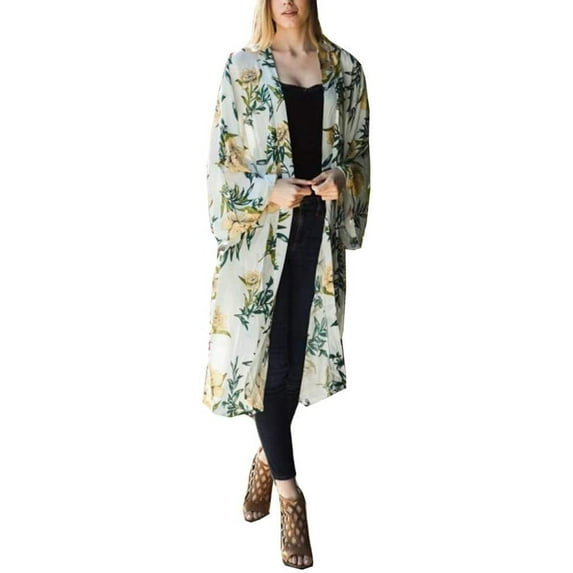 Womens Long Anemone Floral Print kimonoCream Cardigan (Cream)