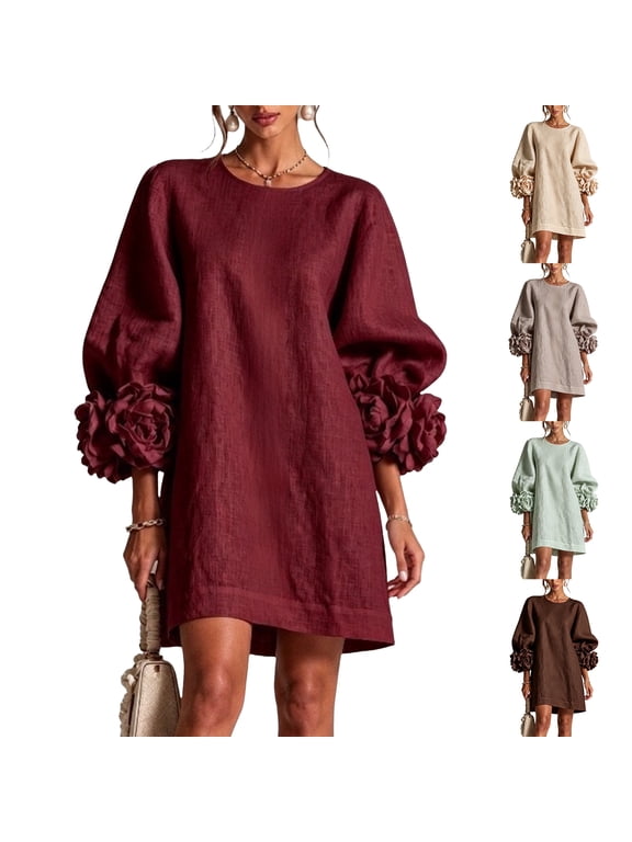 Womens Long Balloon Sleeve Mini Dress Cotton Linen 3D Floral Cuff Round Neck Loose Casual Travel Dress