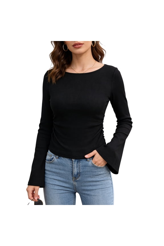 Womens Long Bell Sleeve Shirts Crewneck Striped Knit Tops Casual Fitted T Shirts Spring Outfits