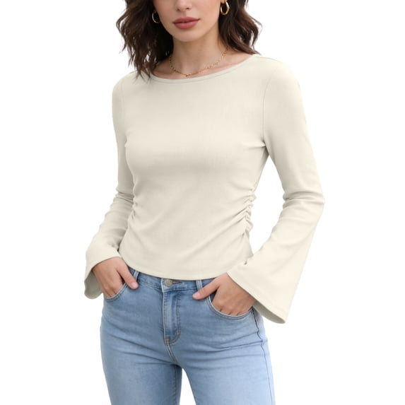 Womens Long Bell Sleeve Shirts Crewneck Striped Knit Tops Casual Fitted T Shirts Spring Outfits