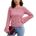 thumbnail image 1 of Womens Long Bell Sleeve Shirts Crewneck Striped Knit Tops Casual Fitted T Shirts Spring Outfits, 1 of 7
