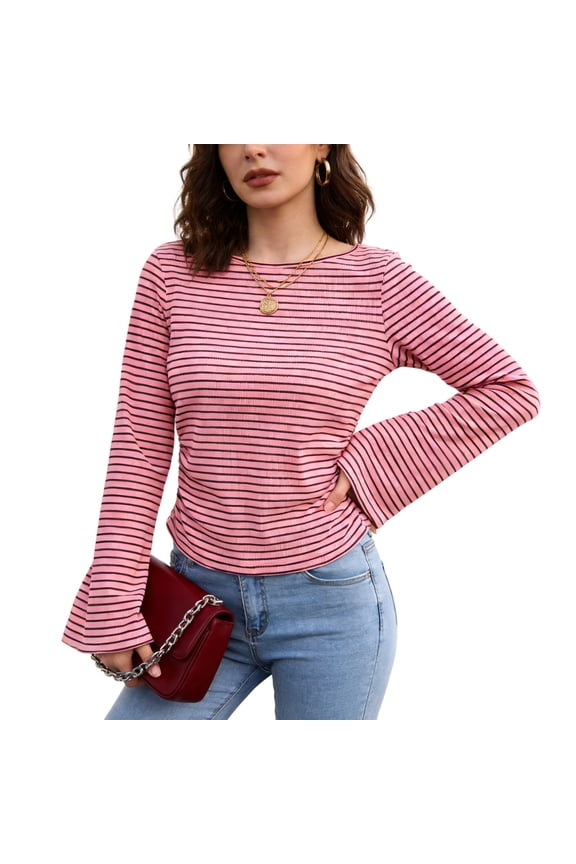 Womens Long Bell Sleeve Shirts Crewneck Striped Knit Tops Casual Fitted T Shirts Spring Outfits