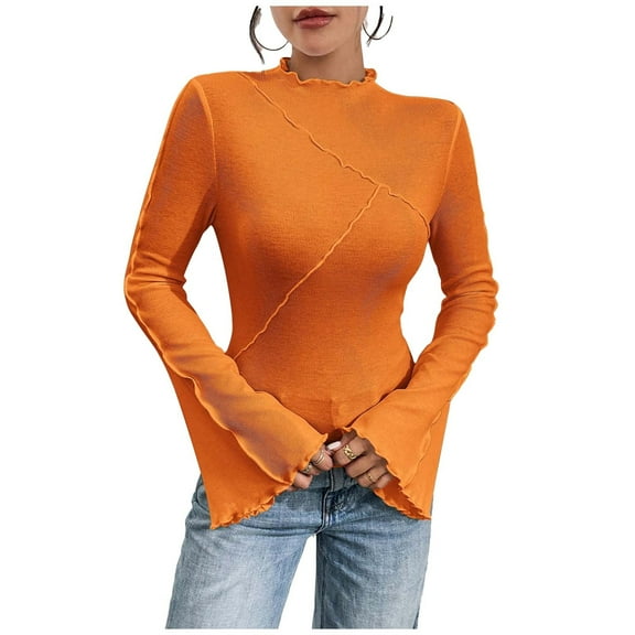 Womens Long Bell Sleeve Shirts Mock Neck Lettuce Trim Ribbed Knit Blouse Slim Fit Y2k Inspired Fashion Tops (L, Orange)