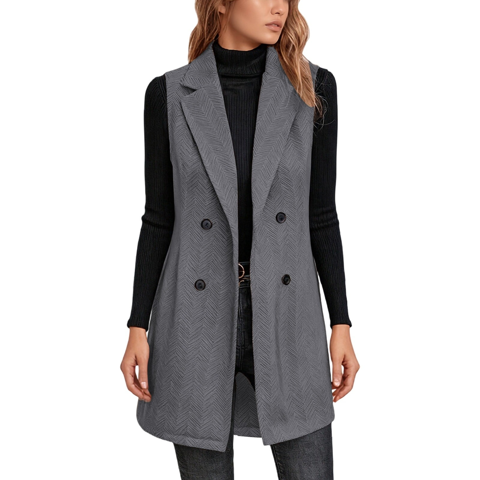 Womens Long Blazer Vest Fall Winter Sleeveless Cardigan Color: Grey Size: XXXXS