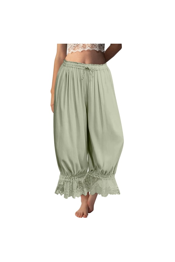 Womens Long Bloomers with Lace Trim and Ruffle Hem Loose Fit High Waisted Drawstring Pants for Beach Travel and Summer Wear 2026 Light Green S