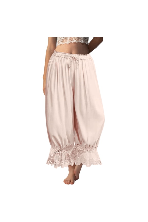 Womens Long Bloomers with Lace Trim and Ruffle Hem Loose Fit High Waisted Drawstring Pants for Beach Travel and Summer Wear 2026 Light pink S