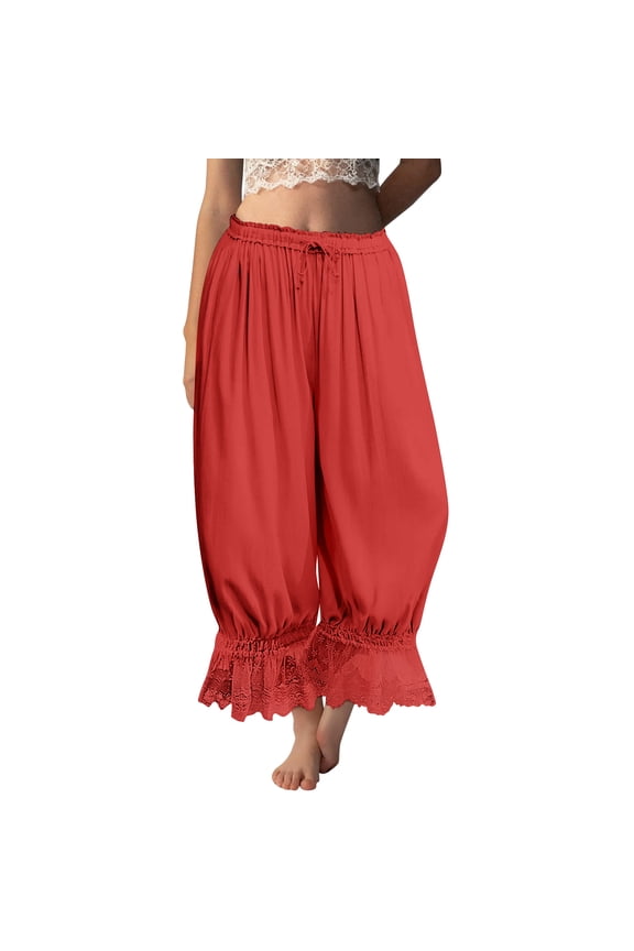 Womens Long Bloomers with Lace Trim and Ruffle Hem Loose Fit High Waisted Drawstring Pants for Beach Travel and Summer Wear 2026 Red S
