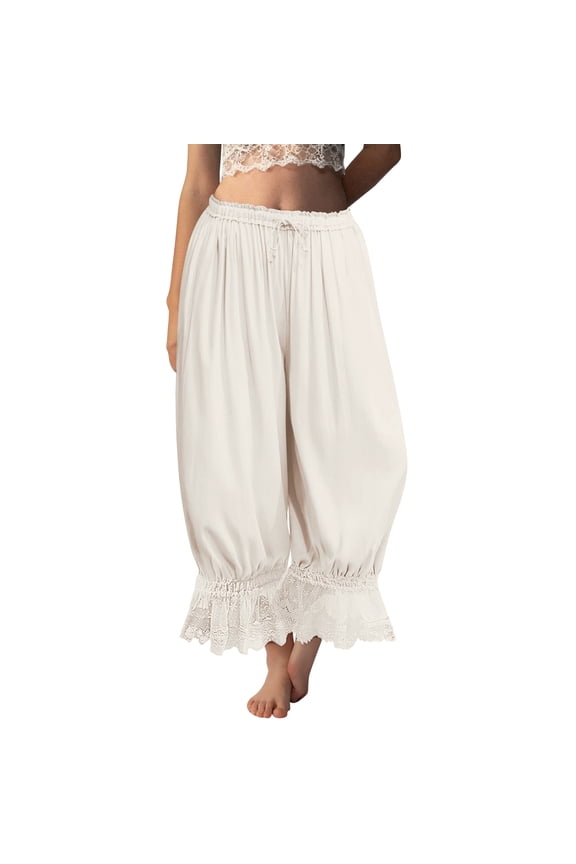 Womens Long Bloomers with Lace Trim and Ruffle Hem Loose Fit High Waisted Drawstring Pants for Beach Travel and Summer Wear 2026 White M