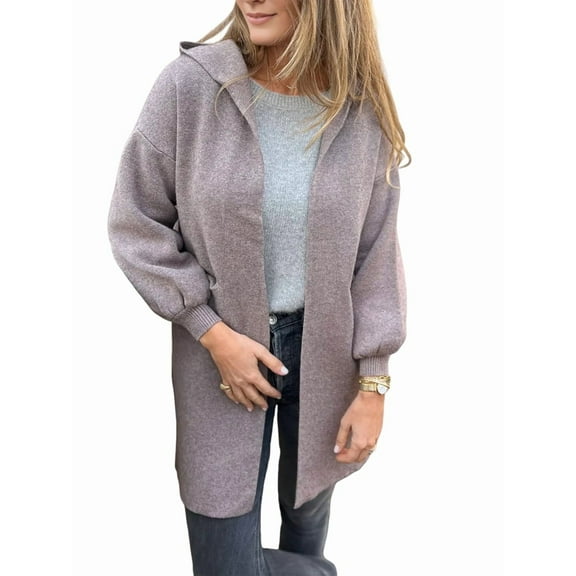 Womens Long Cardigan Cable Knitted Open Front Oversized Hooded Outerwear Coat Light Purple XXL