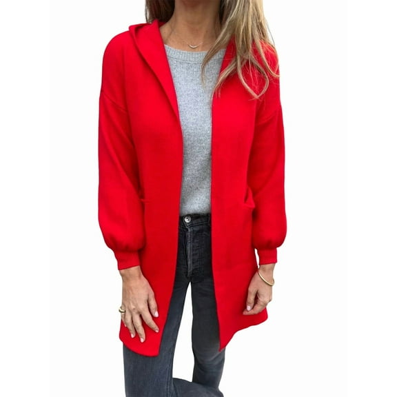 Womens Long Cardigan Cable Knitted Open Front Oversized Hooded Outerwear Coat Red XL