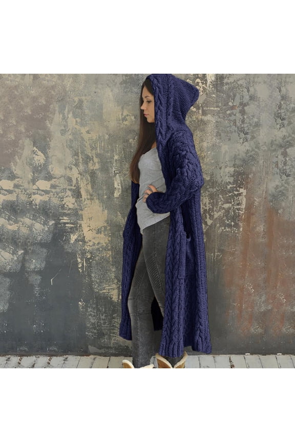 Womens Long Cardigan Hooded Sweaters Winter Cable Knit Chunky Sweaters Oversized Long Sleeve Coat with Pockets