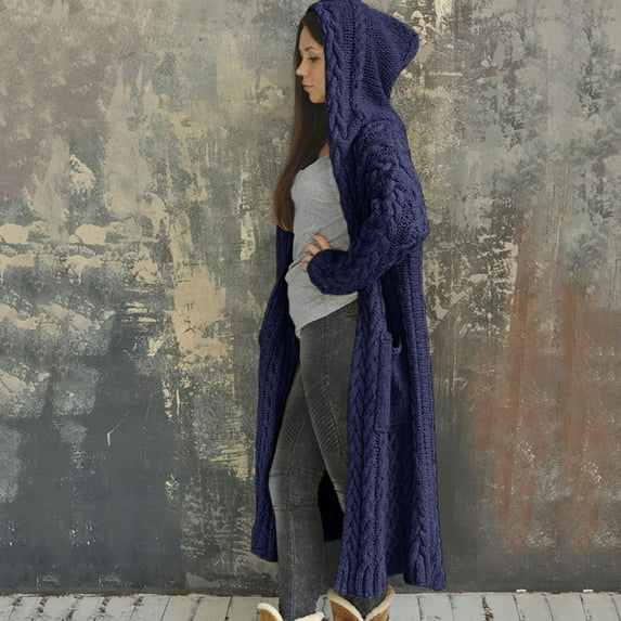 Womens Long Cardigan Hooded Sweaters Winter Cable Knit Chunky Sweaters Oversized Long Sleeve Coat with Pockets