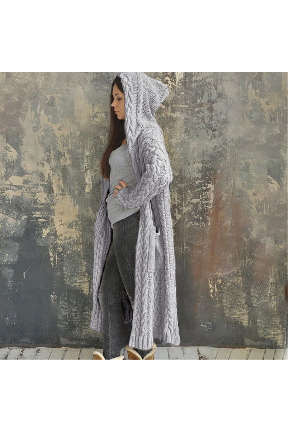 Womens Long Cardigan Hooded Sweaters Winter Cable Knit Chunky Sweaters Oversized Long Sleeve Coat with Pockets