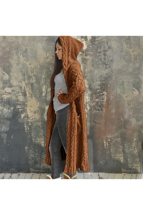 Womens Long Cardigan Hooded Sweaters Winter Cable Knit Chunky Sweaters Oversized Long Sleeve Coat with Pockets