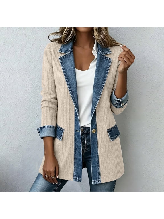 Womens Long Cardigan Jacket Relaxed Fit Denim Lapel Ribbed Knit Button Down Coat with Spliced Patchwork and Pockets Beige S