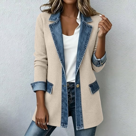 Womens Long Cardigan Jacket Relaxed Fit Denim Lapel Ribbed Knit Button Down Coat with Spliced Patchwork and Pockets Beige XXL