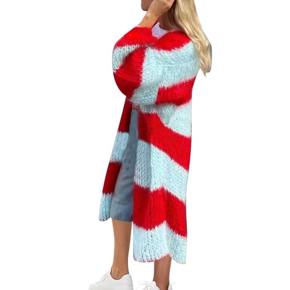 Womens Long Cardigan Lightweight Color Block Open Front Sweater Long -Sleeve Casual Loose Knitted Top Coats (Red XL)