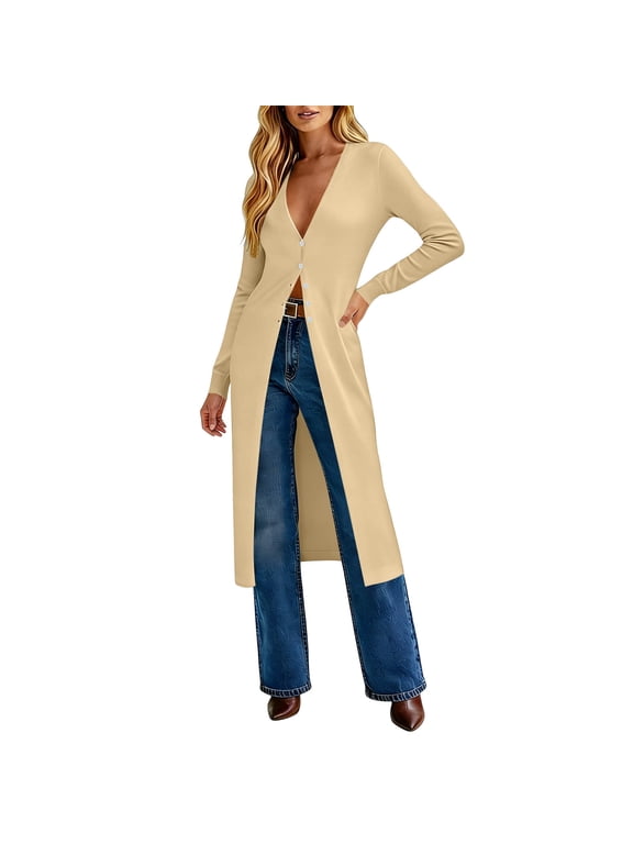 Womens Long Cardigan , Lightweight Dusters Coat, V Neck Button Up Long Sleeve Maxi Dress, Summer Boho Beach Cover Ups