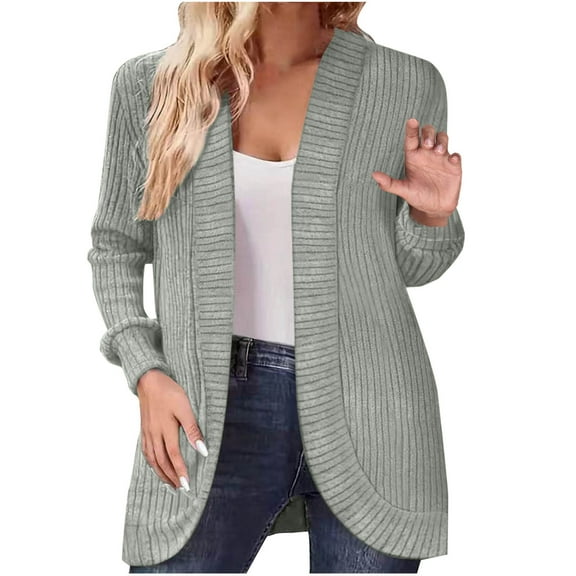 Womens Long Cardigan Lightweight Long Sleeve Open Front Sweater with Pockets Casual Solid Color Knitted Coats (Gray L)
