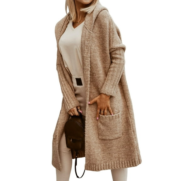 Womens Long Cardigan Oversized Hooded Casual Long Sleeves Solid Color Letter Printed Sweater Outwear Camel Color S
