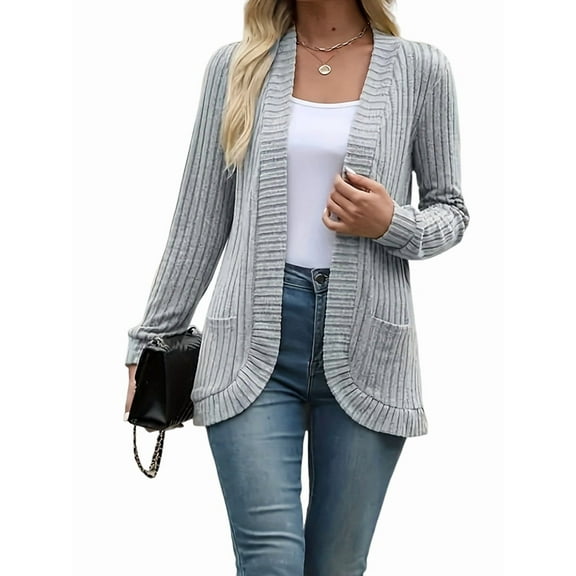Womens Long Cardigan Sweater Open Front Long Sleeve Outfits with Pockets Light Gray M
