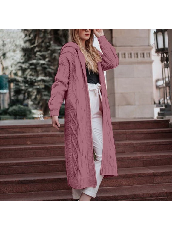 Womens Long Cardigan Sweater Solid Color Hooded Knit Cardigan