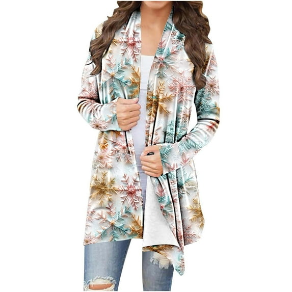 Womens Long Cardigan Sweaters Christmas Print Oversized Open Front Tops Winter Fashion Long Sleeve Party Cardigans Comfortable Cute Outfits