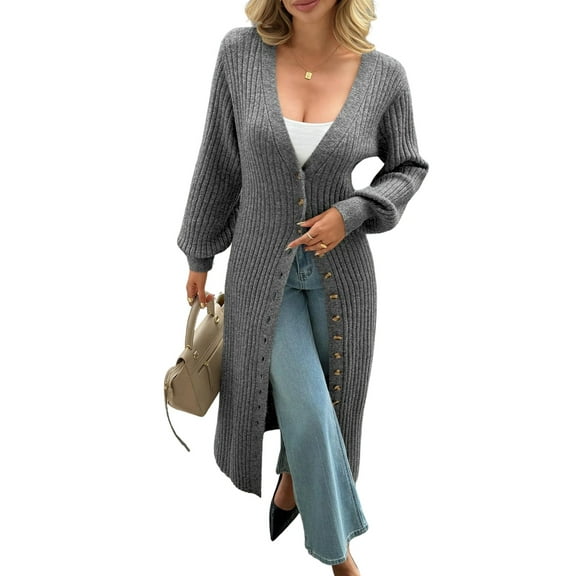 Womens Long Cardigan V Neck Button Down Chunky Knit Dusters Sweater Coat Fall Trendy Maxi Sweater Dress Gray L