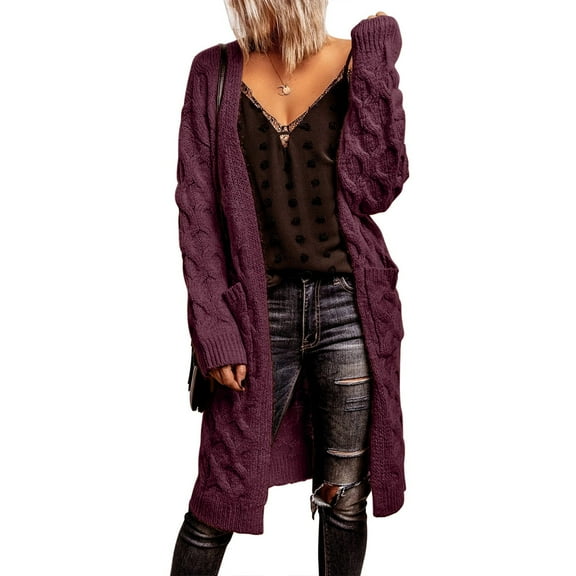 Womens Long Cardigans Cable Knit Chunky Cardigan Sweaters Ndbuld Women's Winter Long Sleeved Solid Color Knit Sweater Pocket Cardigan Jacket Purple S