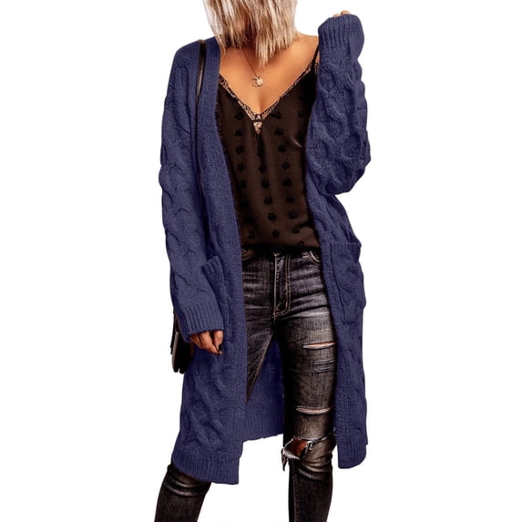 Womens Long Cardigans Cable Knit Chunky Cardigan Sweaters Ndbuld Women's Winter Long Sleeved Solid Color Knit Sweater Pocket Cardigan Jacket Blue XL